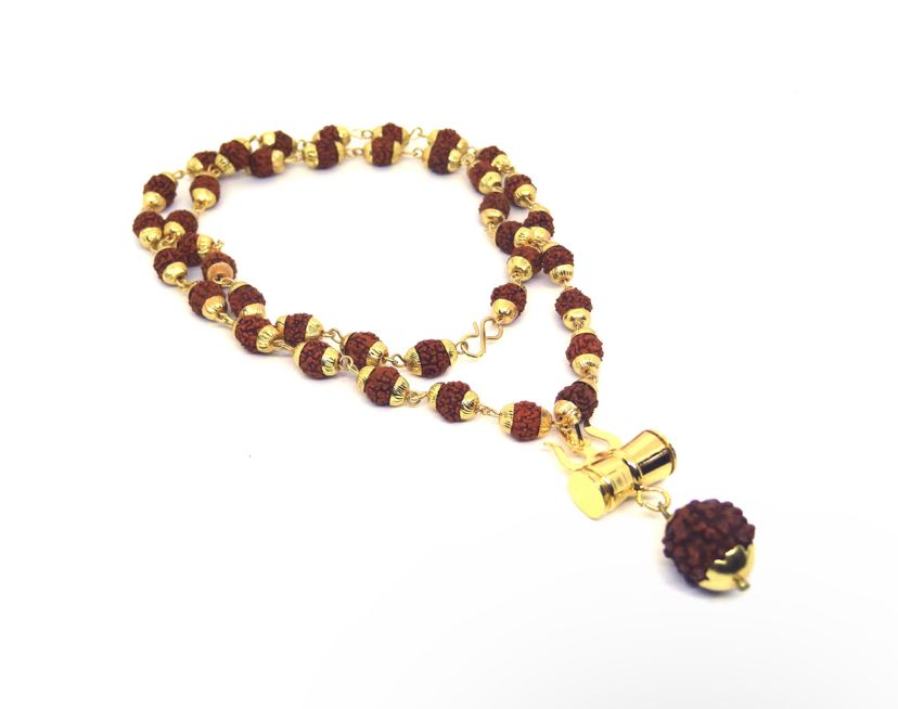 Original 5 Mukhi Rudraksha Mala with Brass Capping and Trishul Damru Pendent